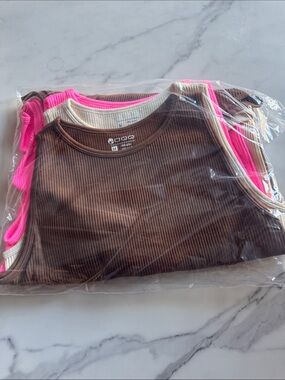 OQQ Ribbed Tank Top Trio - Brown, Cream & Neon Pink